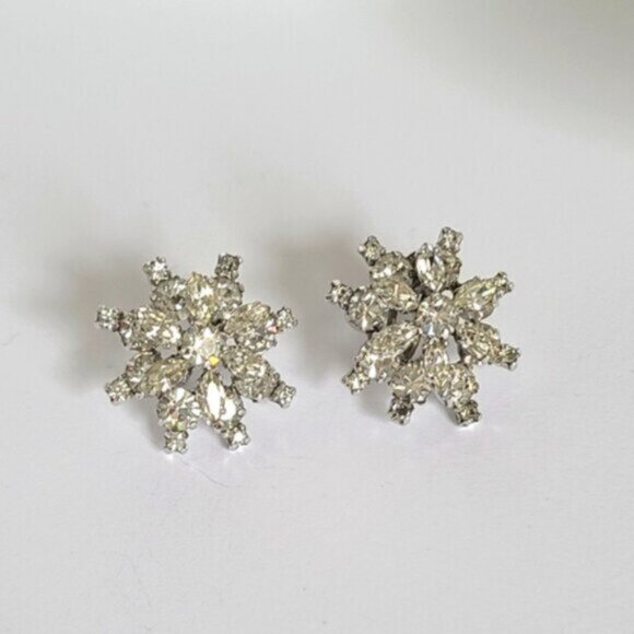 Vintage Sterling Silver Crystal Cluster Snowflake Chunky Large Stud Earrings - Picture 2 of 10